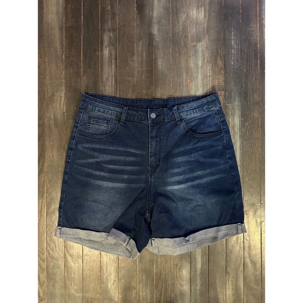 EMERY ROSE High Waisted Cuffed Denim Shorts Dark Wash Stretch Jean Shorts